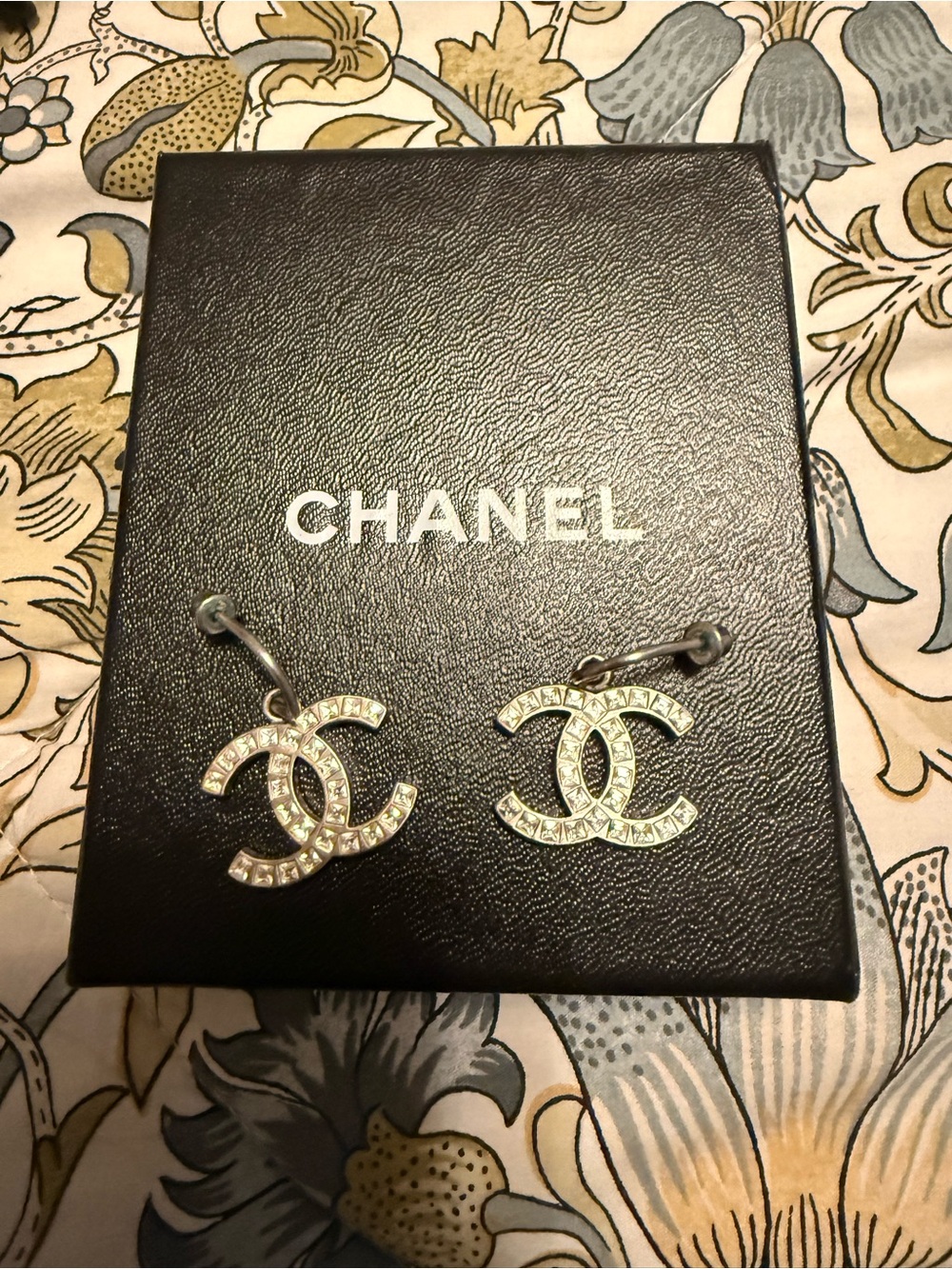 CHANEL Silver Crystal CC Dangle Earrings